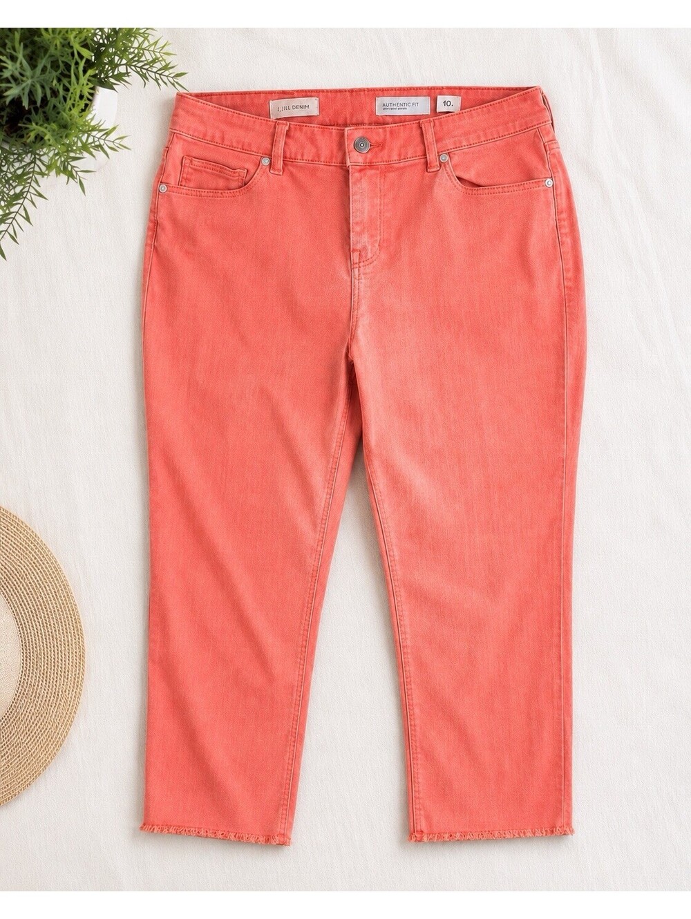 J.Jill Women's Authentic Fit Cropped Jeans Size 10P Salmon Pink Raw Hem Stretch